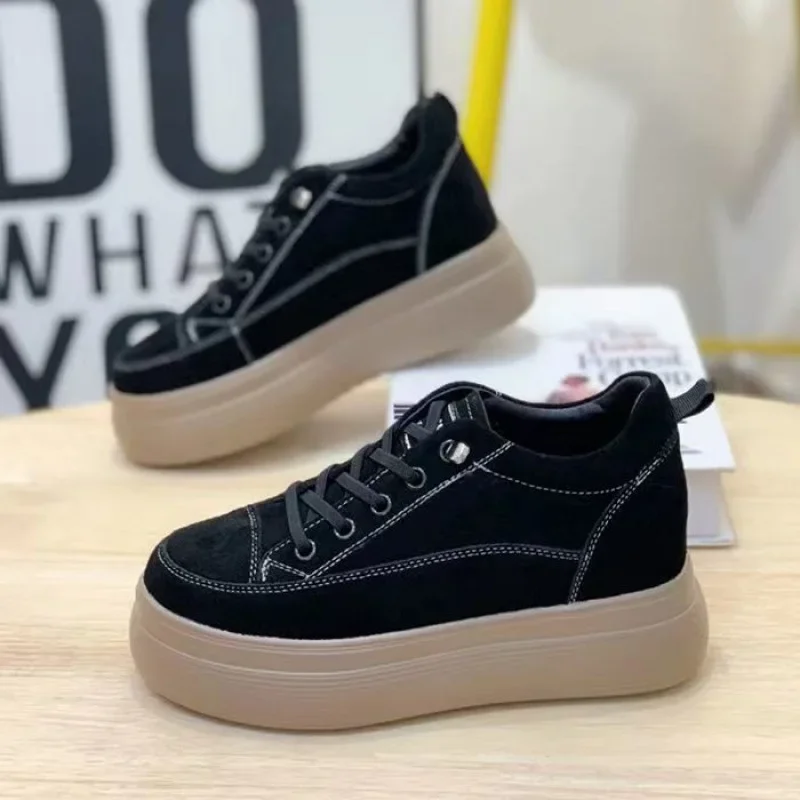 Women's Thick Bottom High Top Shoes Autumn Winter Casual Black Padded Flat Shoes Comfortable Sports Sneakers PU Leather