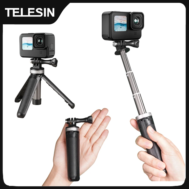 Selfie Stick Tripod TELESIN Mini Portable Plastic Adjustable Length For GoPro 12 Hero 12 11 10 9 8 7 DJI Osmo Action 4 Insta360