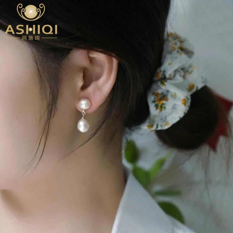 

ASHIQI Natural Baroque Double Pearl Drop Earrings 925 Sterling Silver Handmade Fashion Jewelry for Women Gift