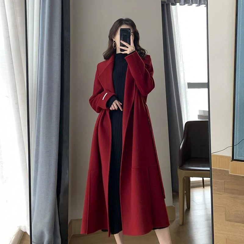 Fashion Red Woolen Coat Women's Mid Length 2023 Autumn And Winter New High-end Temperament Hepburn Style Versatile Woolen Coat
