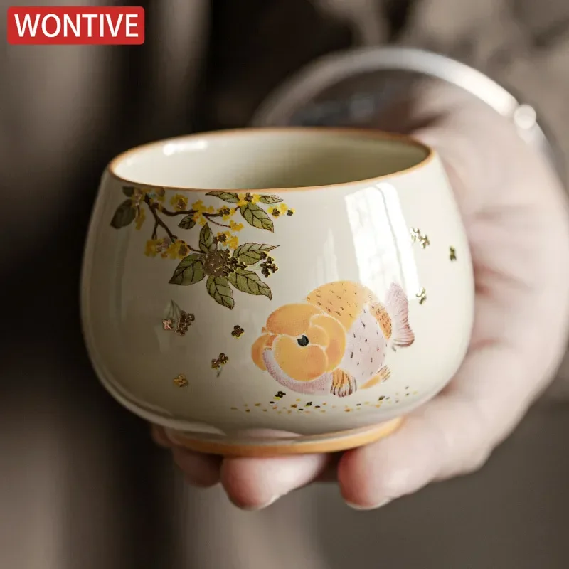Golden Guifu Carp Teacup Travel Personal Meditation Cup Handmade Ceramic Tea Bowl Pu'er Master Cup Household Tea Set Accessories