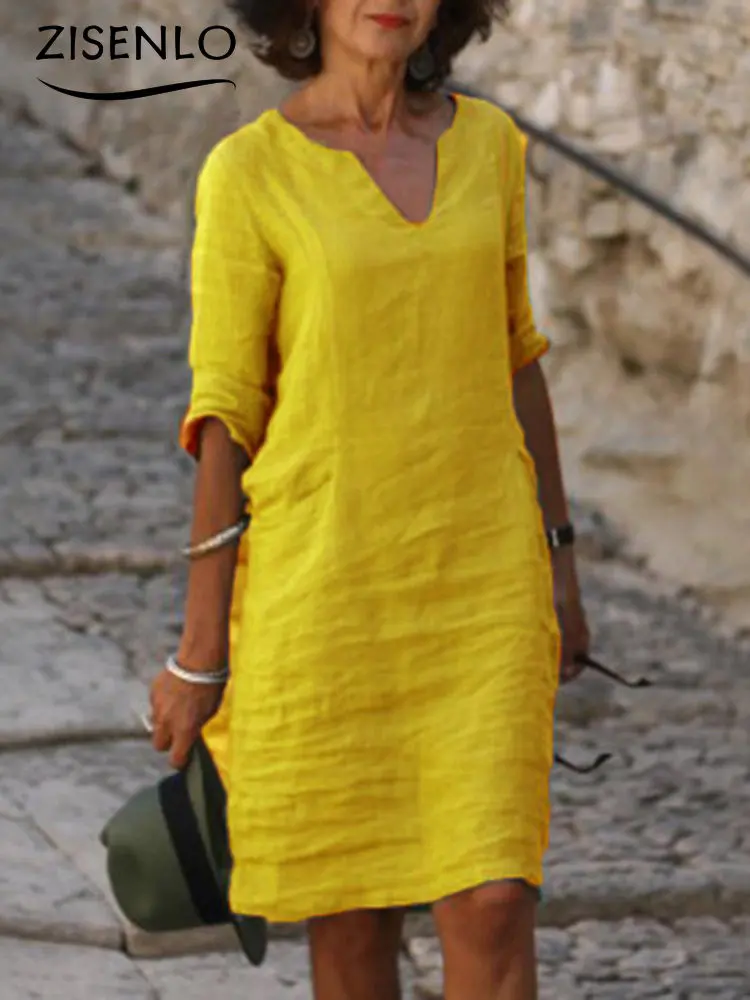 Cheap Casual Woman Dresses New Vneck Solid Color Sevenpoint Sleeve