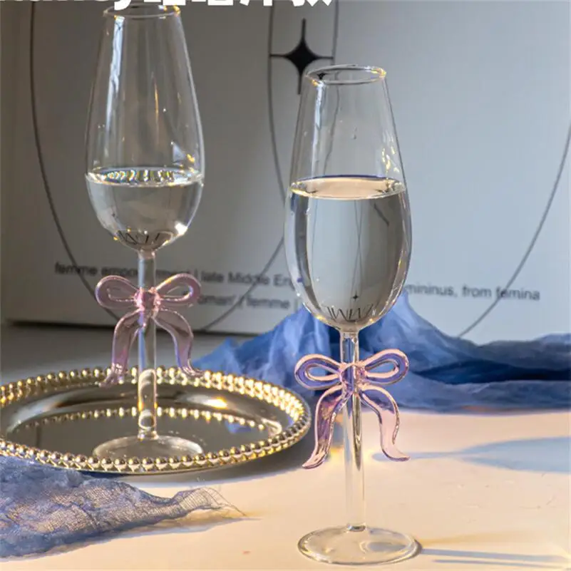 Creative Pink Bow Goblet Champagne Glass Transparent Simple Home Liqueur Cute Wedding Holiday Gift