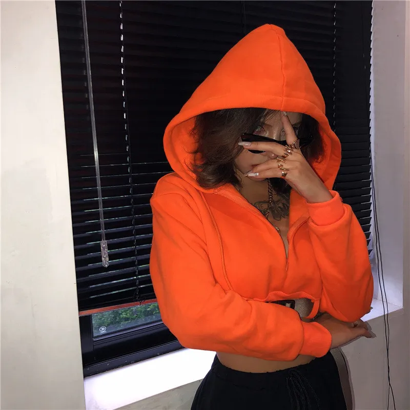 2022 Winter Streetwear Long Sleeve Y2k Top Hooded Hoodies Women Fashion Buckle Cropped Pullovers Tops Neon Orange Thick Hoodies