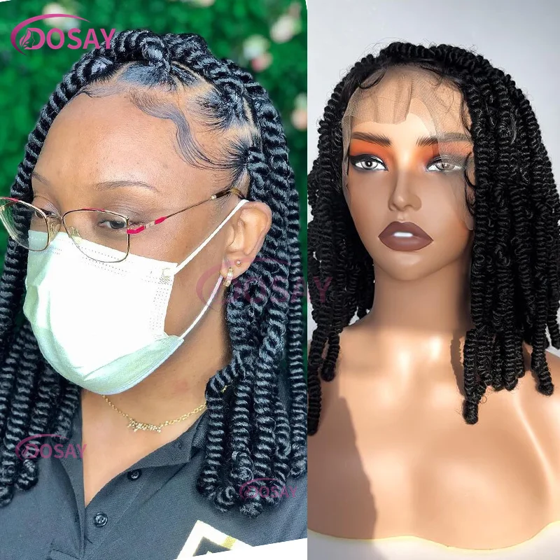 

Afro Spring Goddess Short Bob Braids Wig Twist Curls Braided Full Lace Wigs Faux Locs Knotless Transparent Lace Synthetic Wig