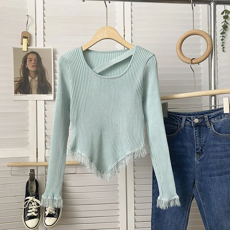 Pearl Diary Autumn Fashion Simple Tassel Design Stretch Shirt Women's New Slim Leisure  Top Halter Long Sleeve Shirts Female