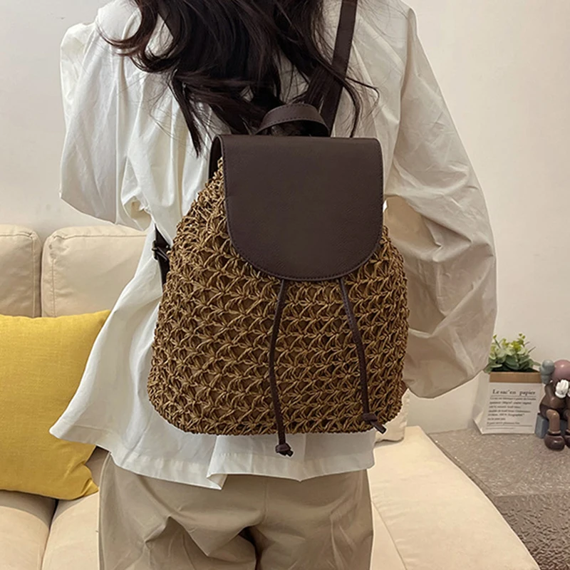 Women's Straw Backpack Summer Boho Bohemian Hollow Shoulder Bag Hobo Crochet Woven Travel Bags for Women Knitted Beach Back Pack