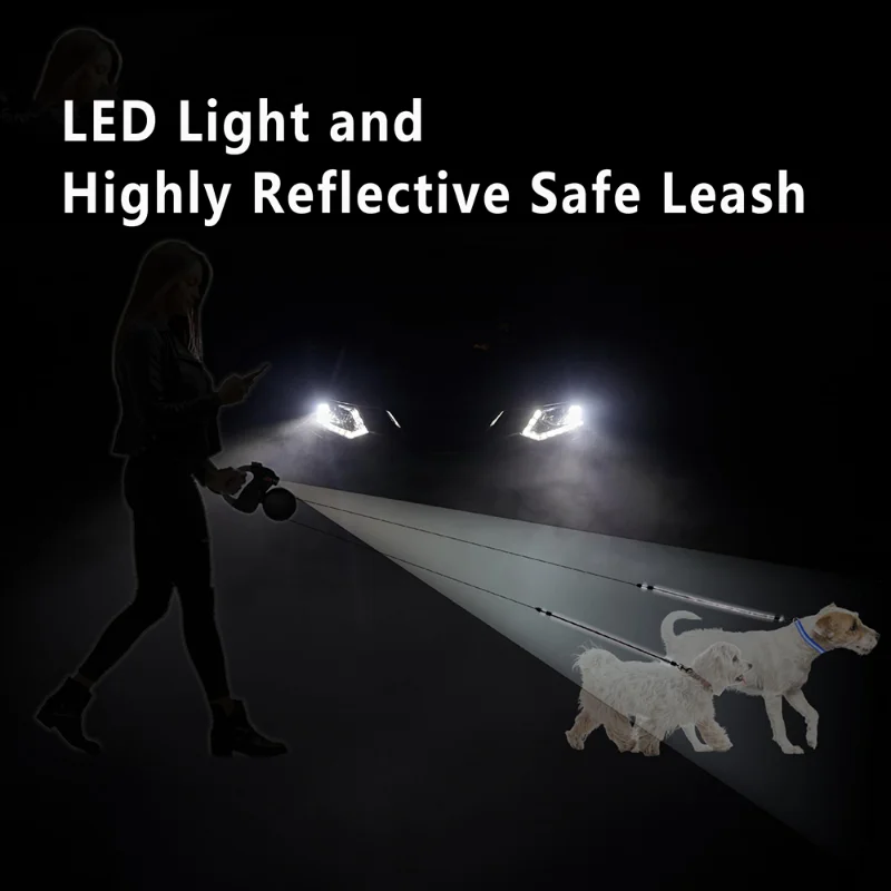 Auto Retractable Double Dog Leash 3m with LED Flashlight