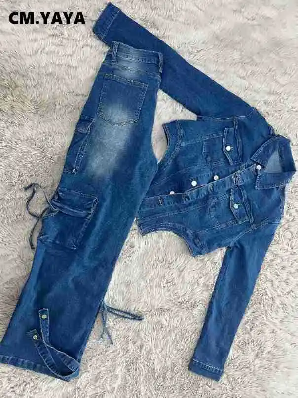 CM.YAYA Washed Denim Women's Set Full Sleeve Button Fly Jacket and Pockets Cargo Jeans Pants Suit 2024 Two 2 Piece Set Outfit 5
