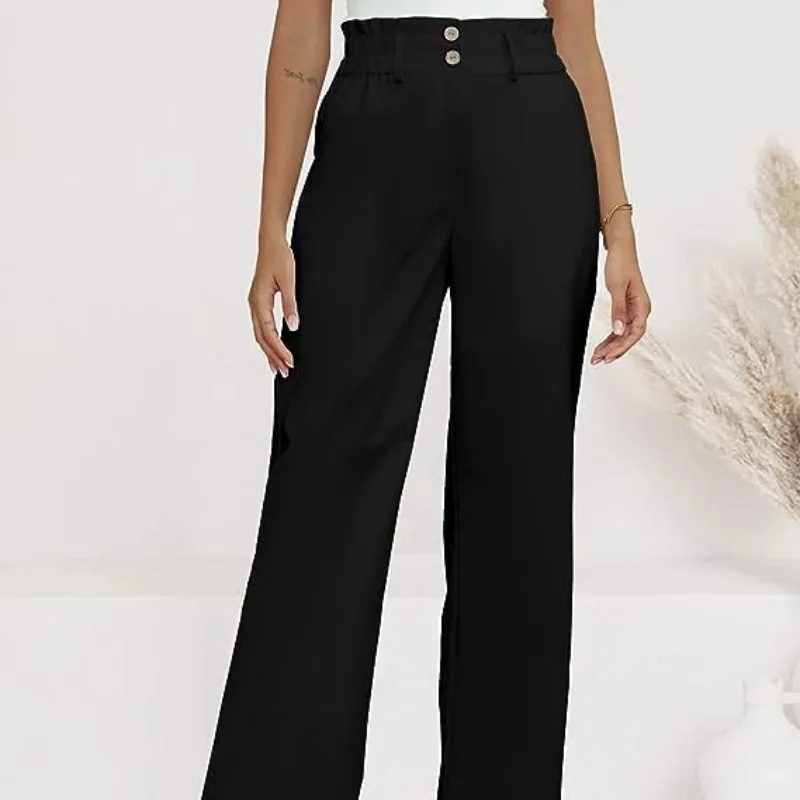 2023 Autumn Women's Elastic Waist Solid Button Pocket Patchwork Elastic Ruffles Loose Office Lady Elegant Fashion Casual Pants