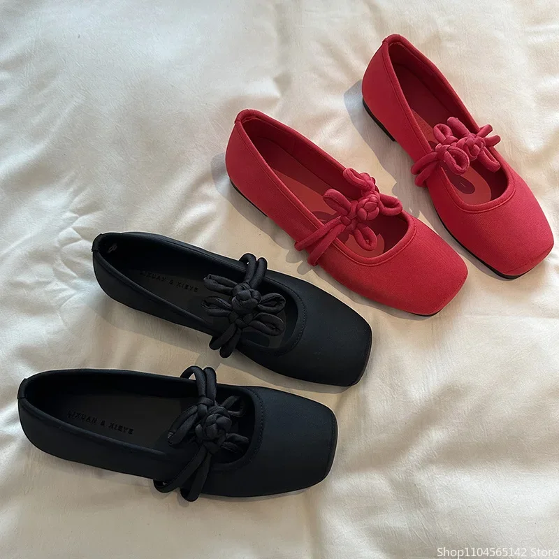 Ethnic Style Women Red Satin Mary Jane Shoes Fashion Shallow Square Toe Shoes Spring Autumn Soft Sole Ballet Shoes 5