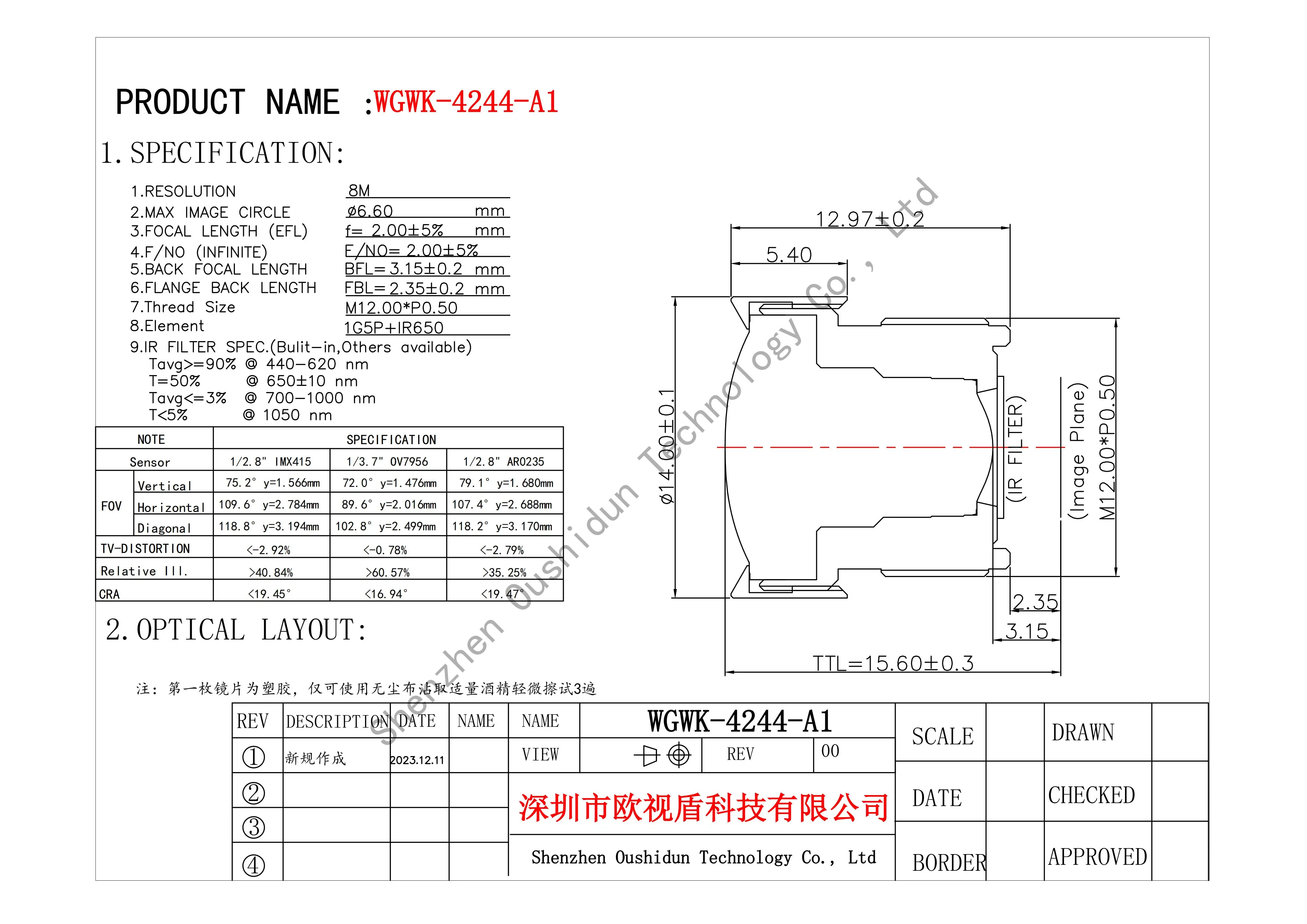 No Distortion Lens 8MP 2mm Focal Length 1/2.8" Format F2.0 Aperture M12 Mount Le