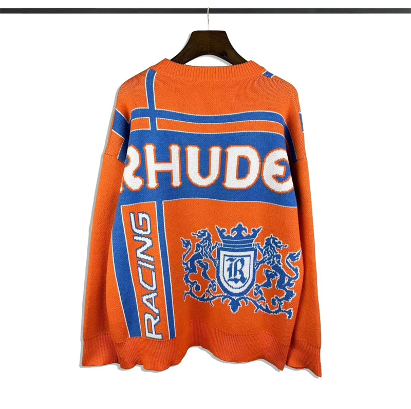 

2023SS Basic Style Orange Jacquard Rhude Logo Sweater Men Women Best Quality Casual Sweatshirts