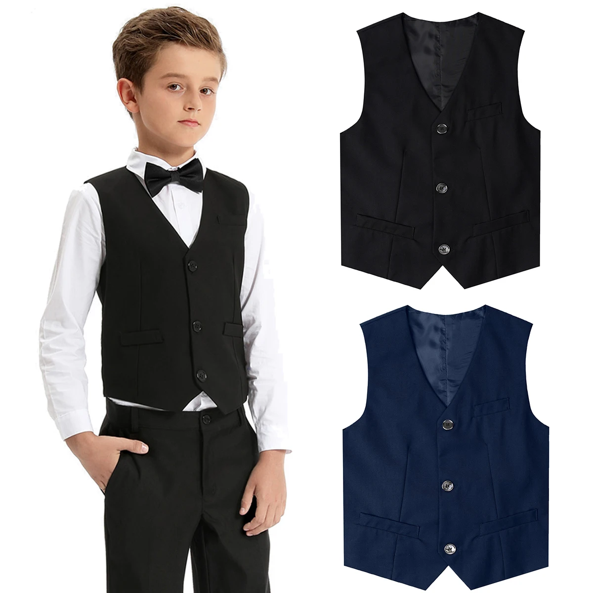 Kids Navy Dress Suit - Black Vest Boys Formal Blazer Toddler Wedding & Party Outfit