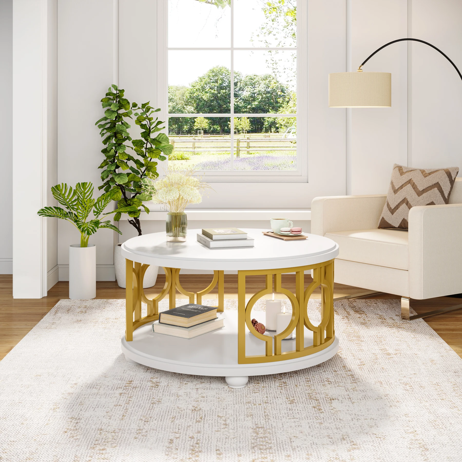 Tribesigns Round Coffee Table, 2-Tier Circle Coffee Table with Storage Shelf, Modern Center Table for Living Room & Office, Whit