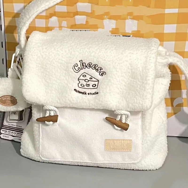 

Xiuya Cute Collegiate Style Crossbody Bag White Soft Plush Letter Cartoon Print Shoulder Bag Fall Winter Youthful Sweet Handbag