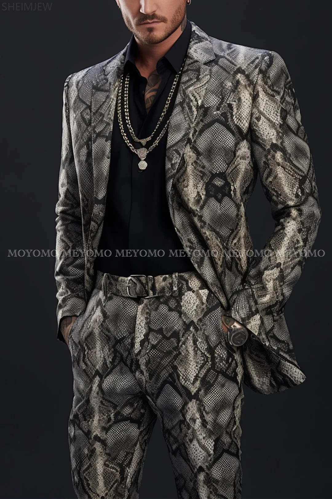 Men's Suit Two-piece Suit Fashionable Adult Cosplay Crocodile Pattern Host Wedding Macho Jacket Pants Business Gown