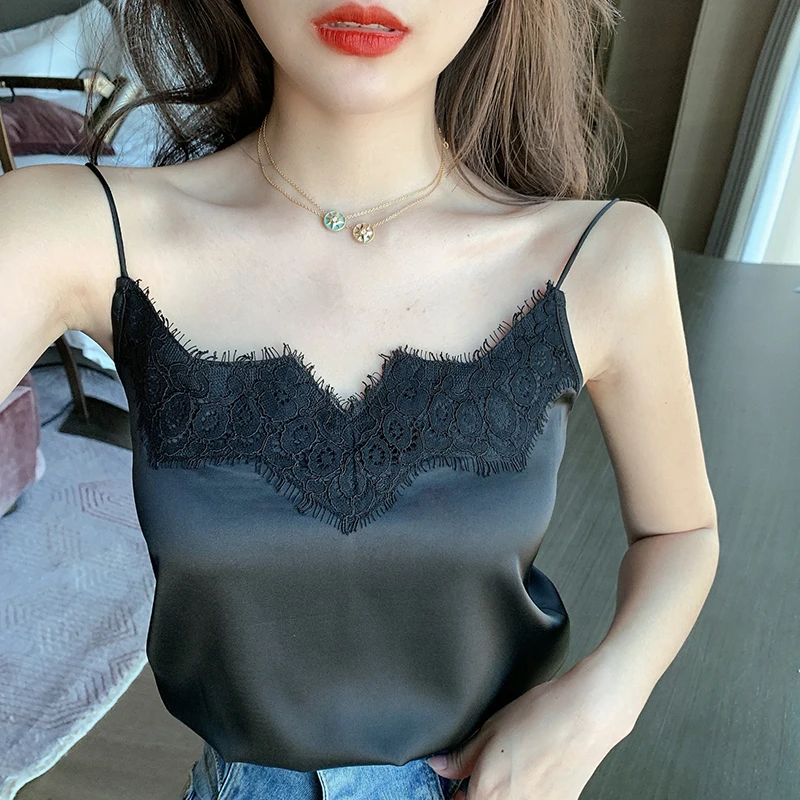 Black Crop Top Satin Women Tank Tops Silk Backless Lace Sexy Camis Women Top 2022 Fashion Women Clothing Basic OL Tops for Women white camisole Tanks & Camis