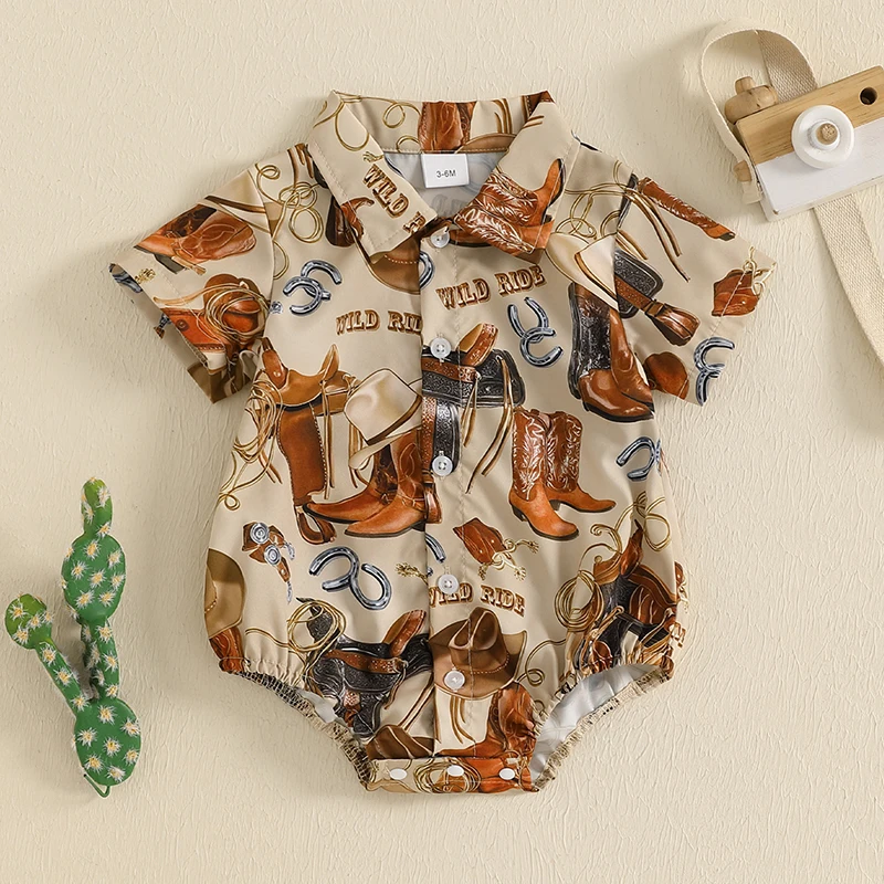 Lioraitiin Newborn Baby Boys Summer Jumpsuit Casual Western Print Button up Short Sleeve Romper Cute Clothes