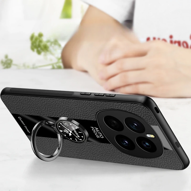 Elegant PU Leather Magnetic Ring Holder Phone Case with Silicone Matte Bumper