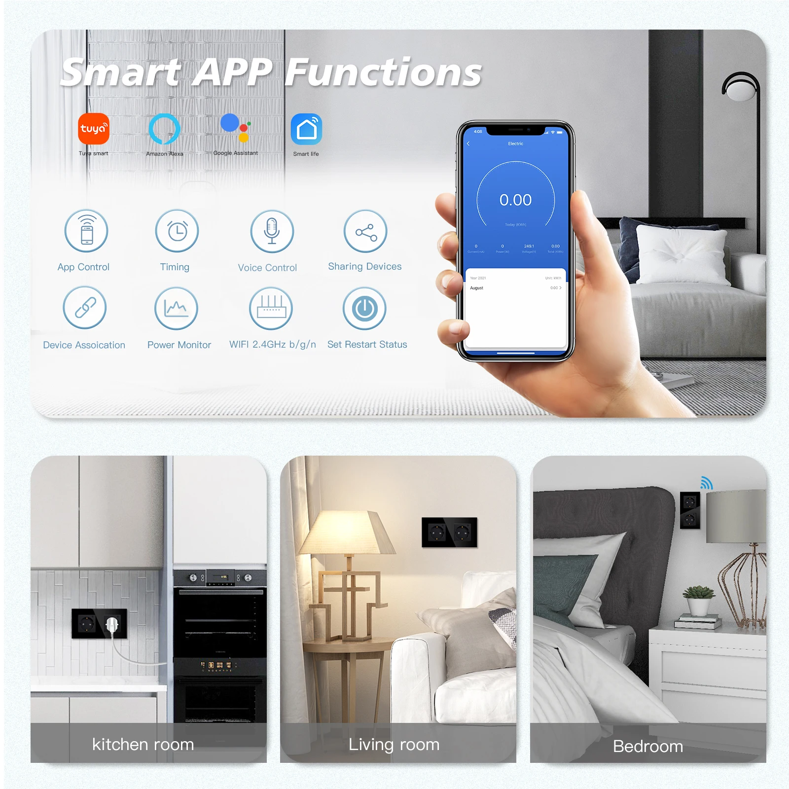 BSEED 더블 소켓 Wifi EU 표준 벽 소켓 16A 110V-250V 전원 모니터 소켓 Tuya Google alexa에 대한 유리 패널 지원