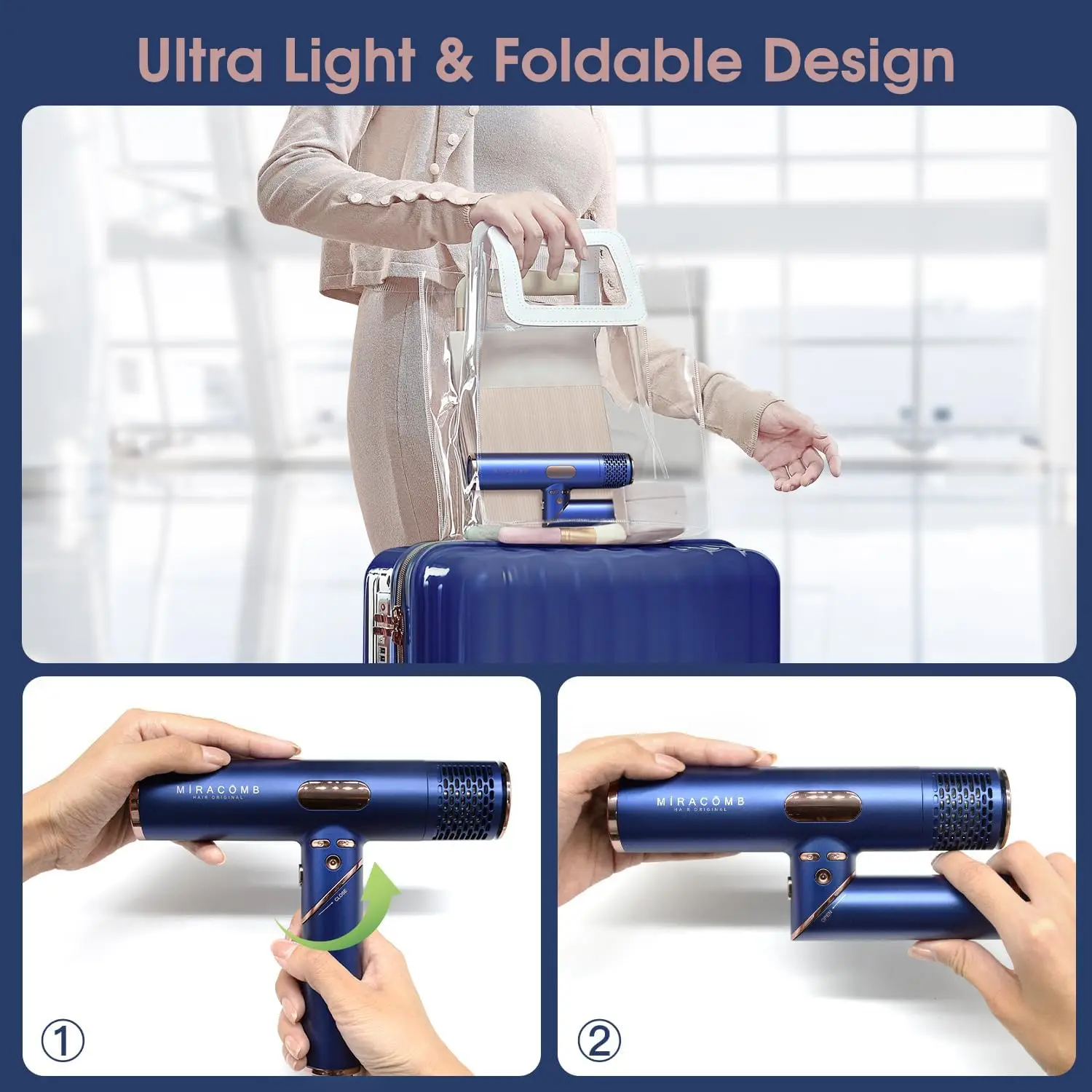 Travel Hair Dryer, Powerful Ionic Blow Dryer Pro with Brushless Motor for Fast Drying, Lightweight Portable Hairdryer for Women/