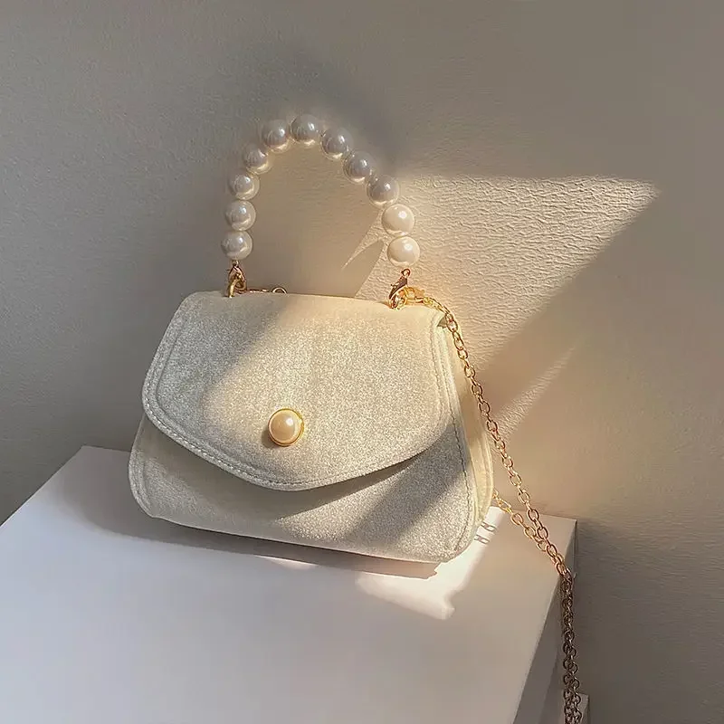 Vintage Small Square Shoulder Bag for Women Pearl Chain
