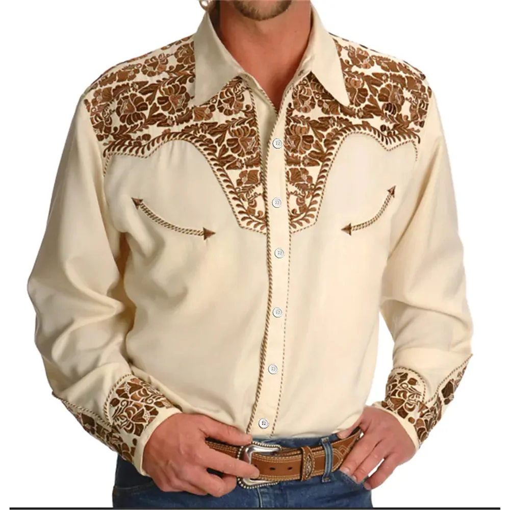 New Western Cowboy Men's Long Sleeve Shirt Vintage Denim 3D Printed Lapel Casual Social Club Clothes Clothing Collar Camisa Men