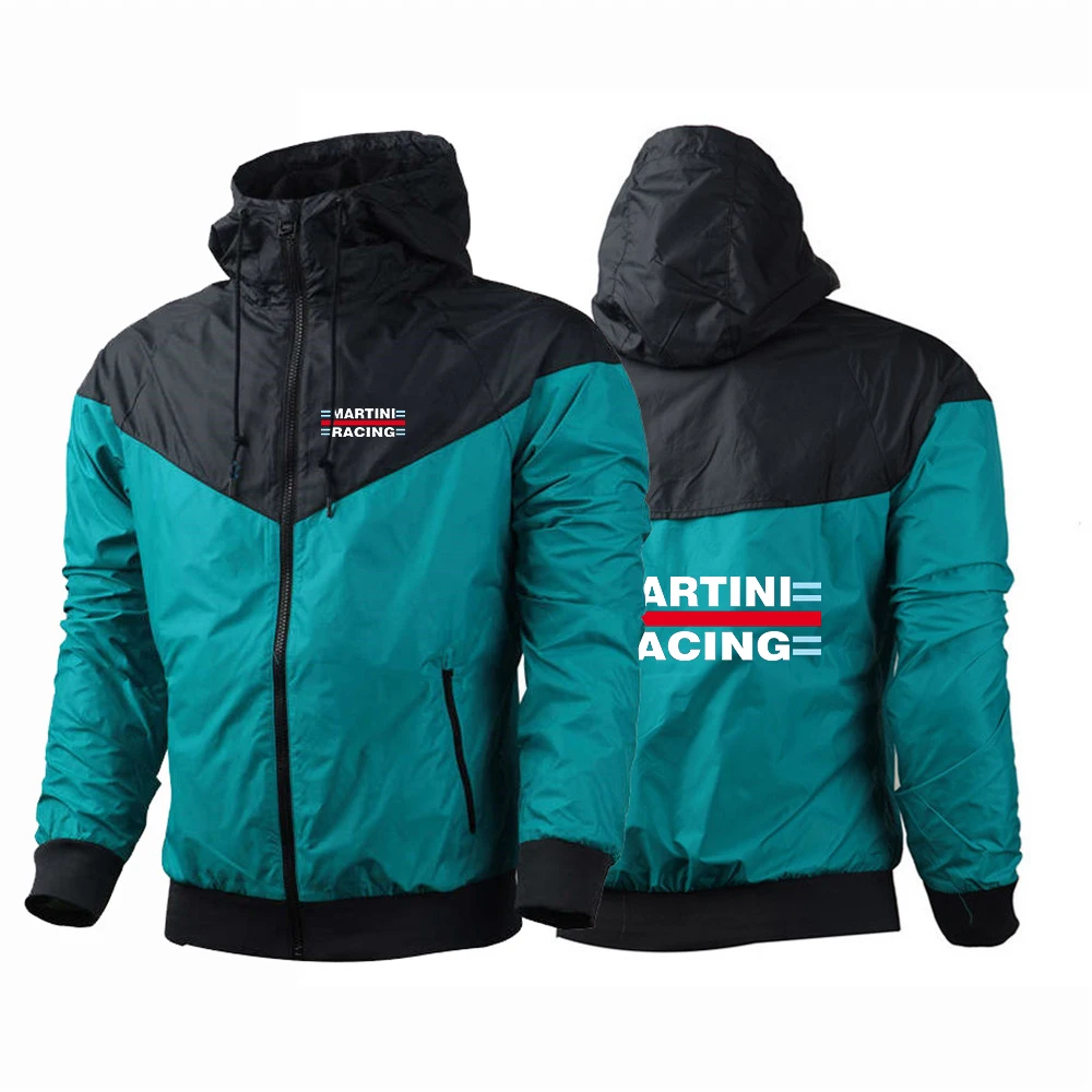 

2023 New Spring Autumn Martini Racing Logo Printed Solid Color Splice Hooded Jacket Men's Casual Sunscreen Thin Windbreaker Tops