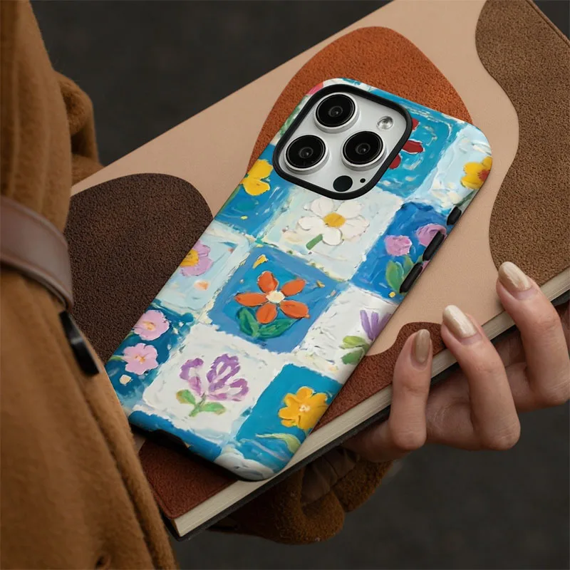 Elegant Floral Matte Grid Shockproof Phone Case with 2-in-1 Design