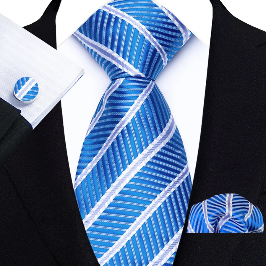 Luxus 3Pcs Sky Blue Lake Blue Männer Krawatte Hanky Manschettenknöpfe Set Jacquard 8cm Krawatte für Männliche Hochzeit business Party Zubehör Geschenk – Detail 7