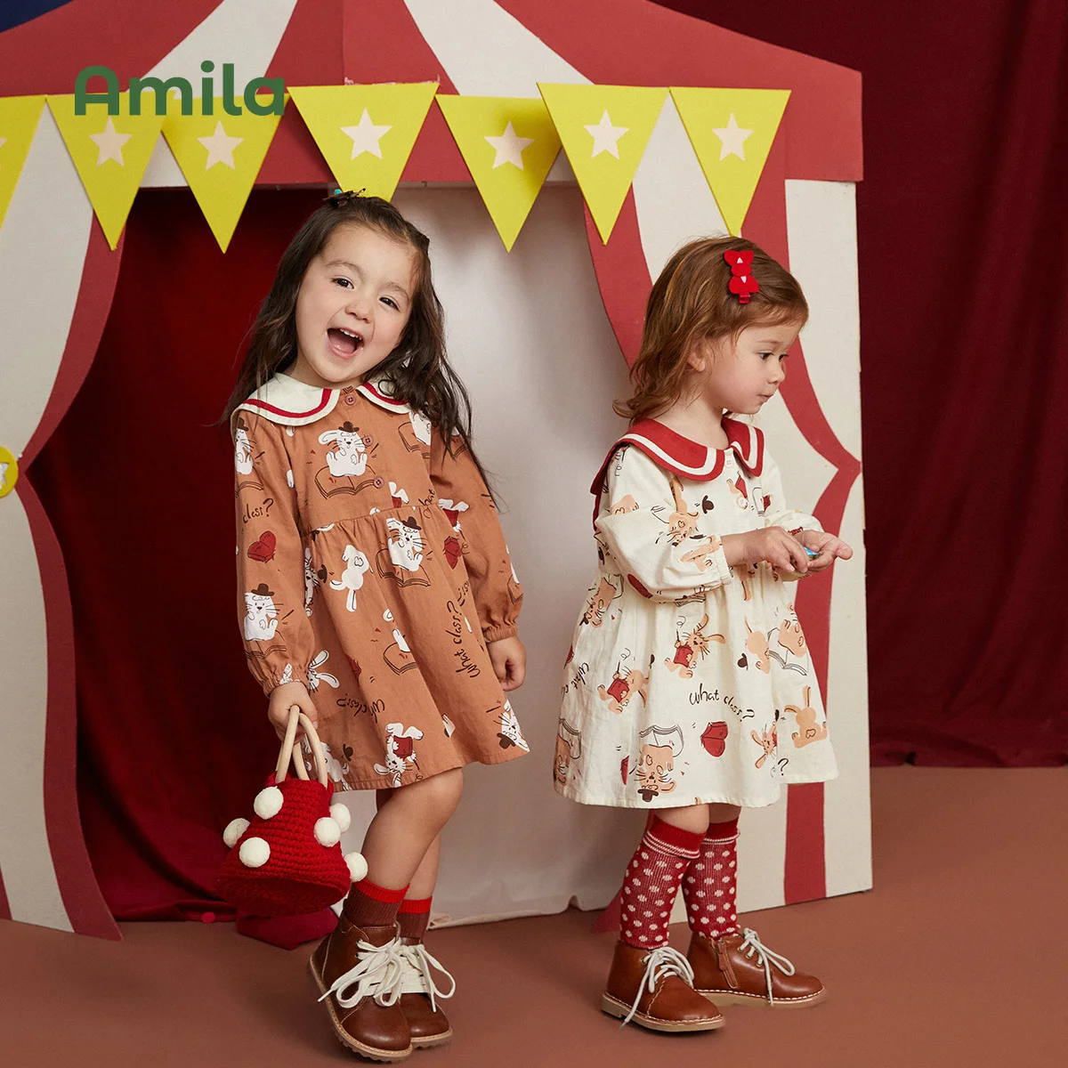 Baby Dress Spring Academic Style Long Sleeves A-line Dresses For Girls Cute Cartoon Print