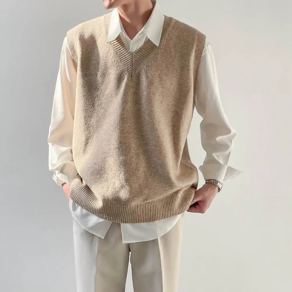 Men's Sweater Vest Casual V-Neck Sleeveless Pullover Sweater Loose Fit Ribbed Male Vest For Daily Wear Men's Clothing