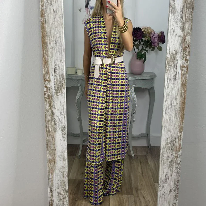 Summer Women Print High Street Two Piece Set Fashion Casual Loose Bohemian Outfit Lady O Neck Sleeveless Long Top+ Long Pant Set