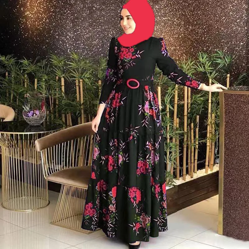 Middle East Muslim Vintage Print Women Dresses Turkey Dubai New O-Neck Ladies Robe Islam Arab Casual Loose Female Caftans