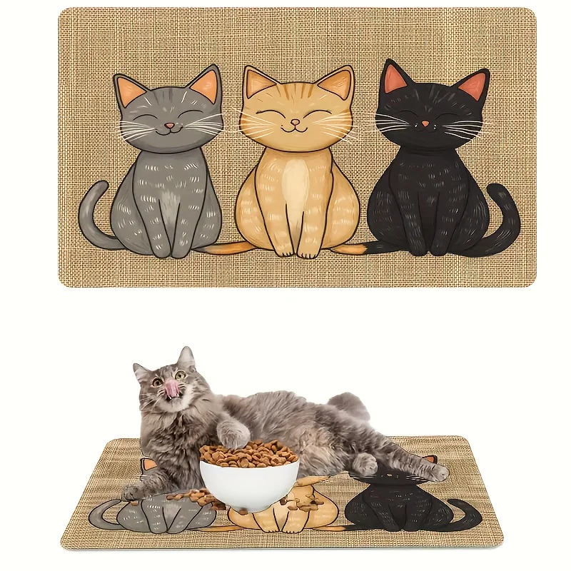 Non-Slip Absorbent Pet Feeding Mat with Cartoon Cat Design, Easy to Clean, 80x50cm