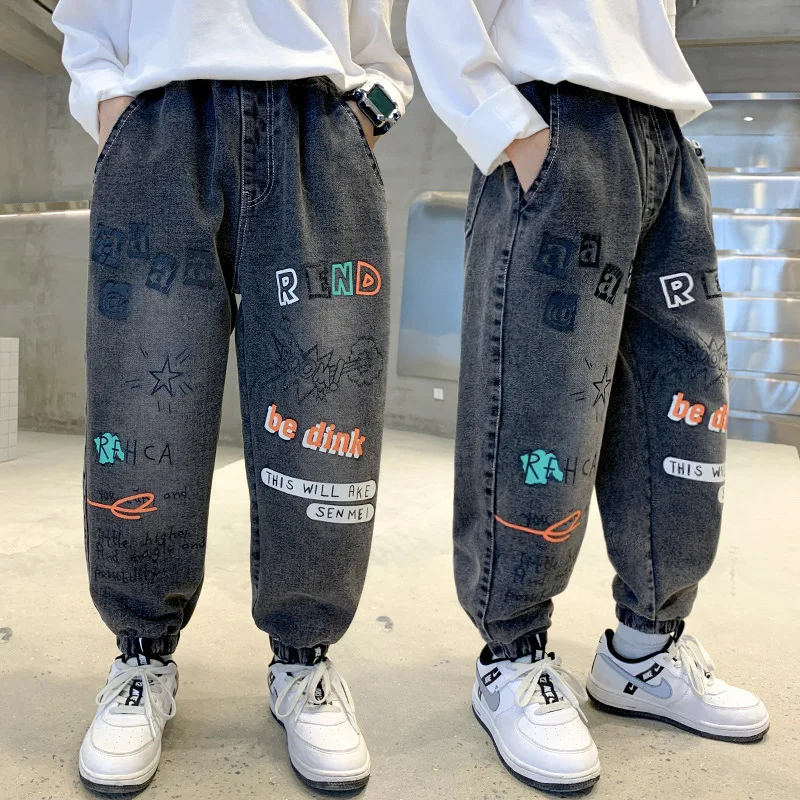 

Джинсы для мальчиков-подростков, свободные брюки из денима с эластичным поясом, повседневные, для детей 6, 8, 10, 12, 14 лет