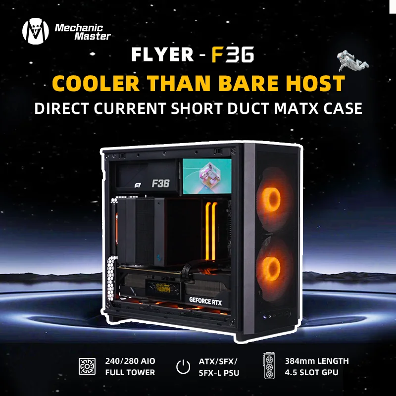 F36 플라이어 ITX/MATX 32L 짧은 에어 덕트 지지대 384mm GPU ATX 전원 공급 장치 240/280, 수냉식 165mm 타워 컴퓨터 케이스 PC 케이스