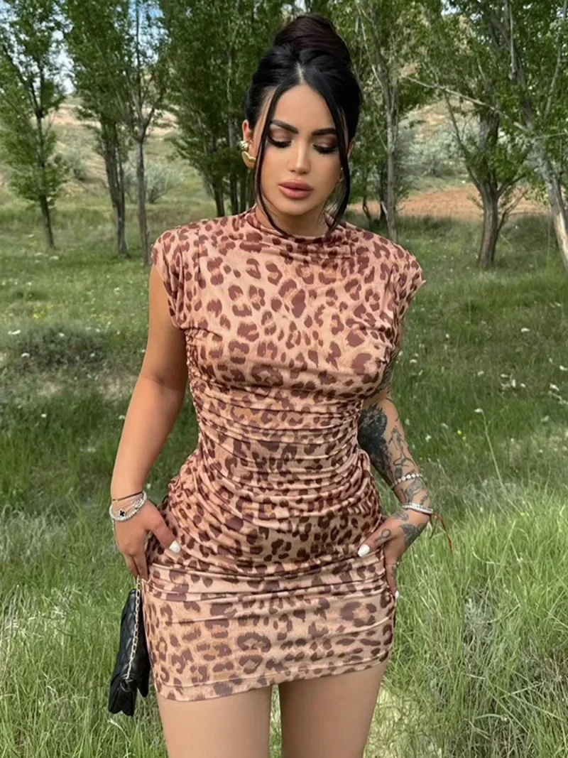 

Woman Clothes Leopard Print Short Dress 2024 Summer Fashion Sexy Sleeveless High Waist Folds Tunics Package Hip Beach Dresses