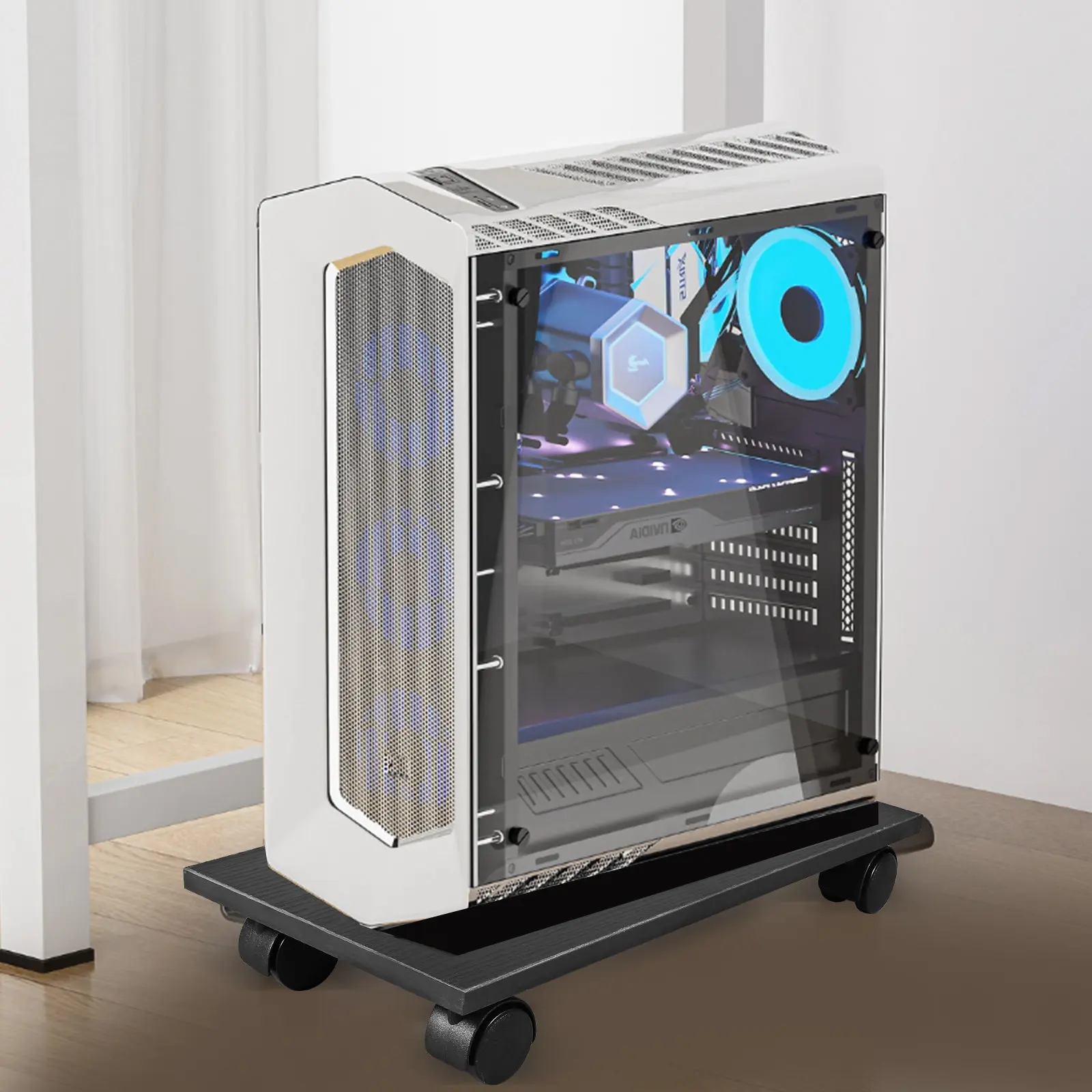 컴퓨터 타워 스탠드 이동식 조절 가능 CPU 홀더 4개의 회전 캐스터 휠 PC 플로어 카트 사무실 게임용 책상 아래 설치 가능