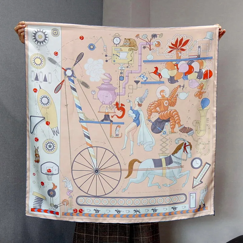 

100% Twill Silk Scarf Shawl "Tea Time" Printed Large Square Silk Foulard Echarpe 35"x35"