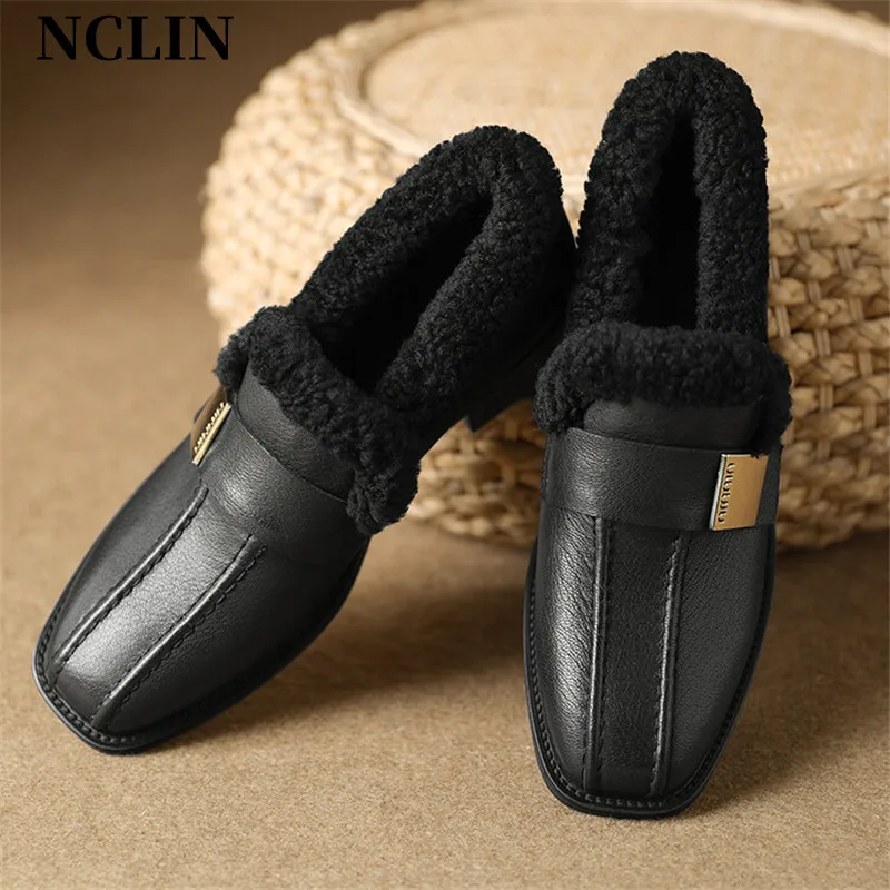 

New Winter Genuine Leather Loafers Women Square Toe Shoes For Women Low Heel Women Pumps Zaptos Mujer Chunky Heel Ladies Shoes