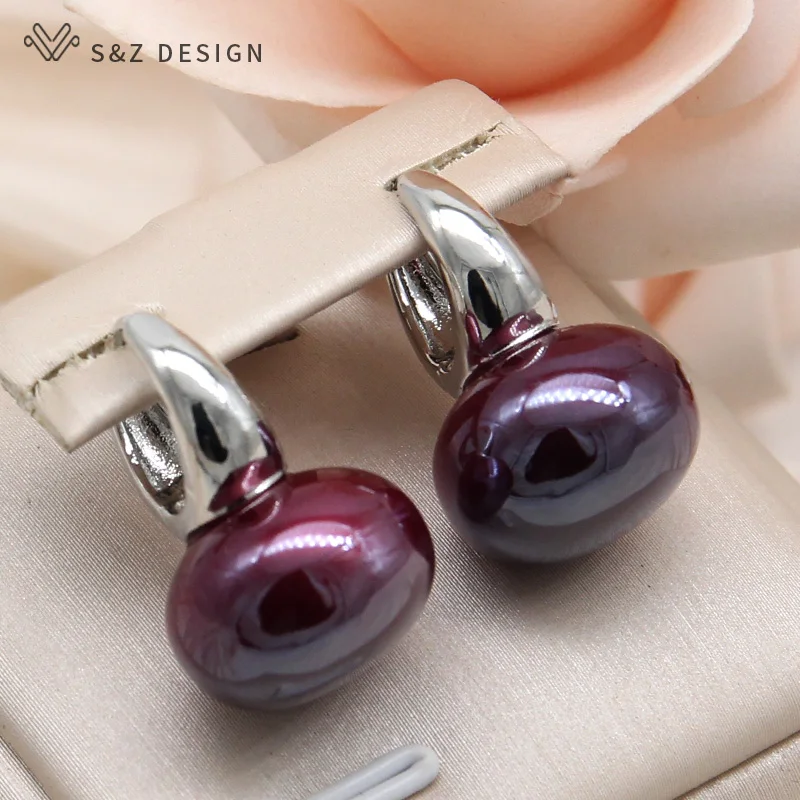 S&Z DESIGN New Fashion Colorful Wine Red Round Beads Dangle Earrings For Women Temperament Daily 585 Rose Gold Color Jewelry