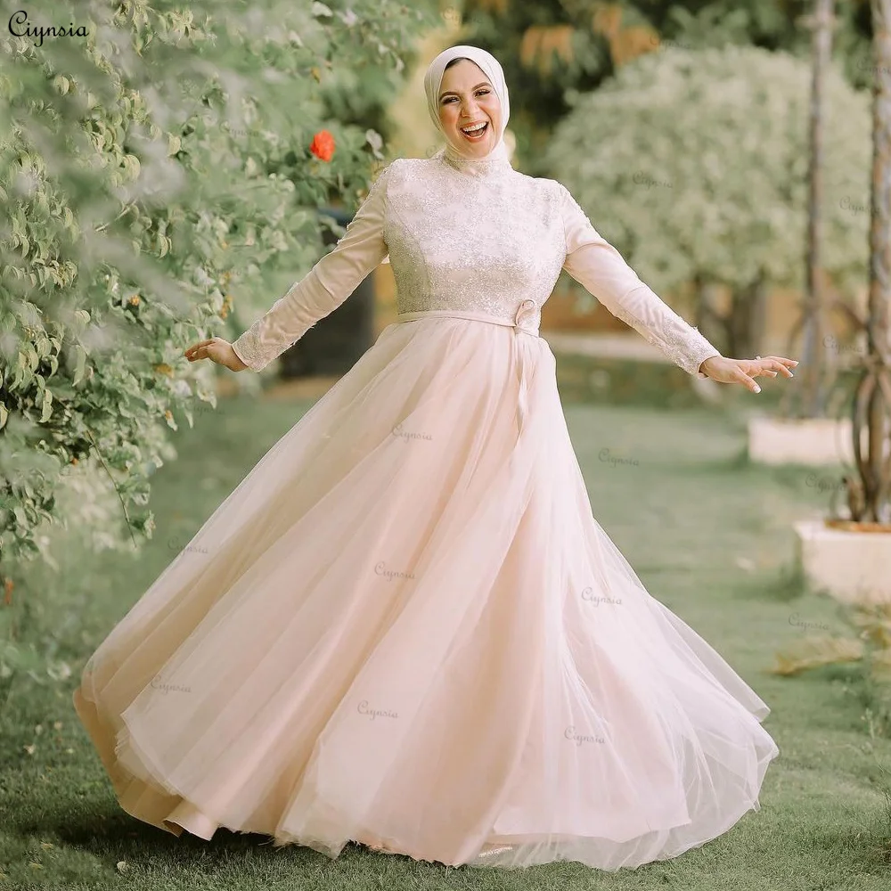 

Ciynsia Elegant Pink Evening Dress for Wedding Party Long Sleeves A-Line Tulle Appliques Prom Gowns Hijab Celebrity Formal Dress