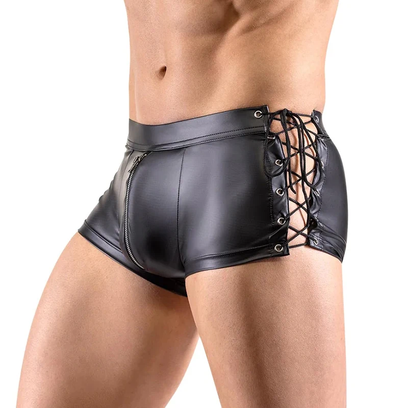 Men Faux Leather Exotic Pants Lacing Hollow Out Wetlook Zipper Open Crotch Shorts Fetish Tight Low Waist Latex Trousers Bondage