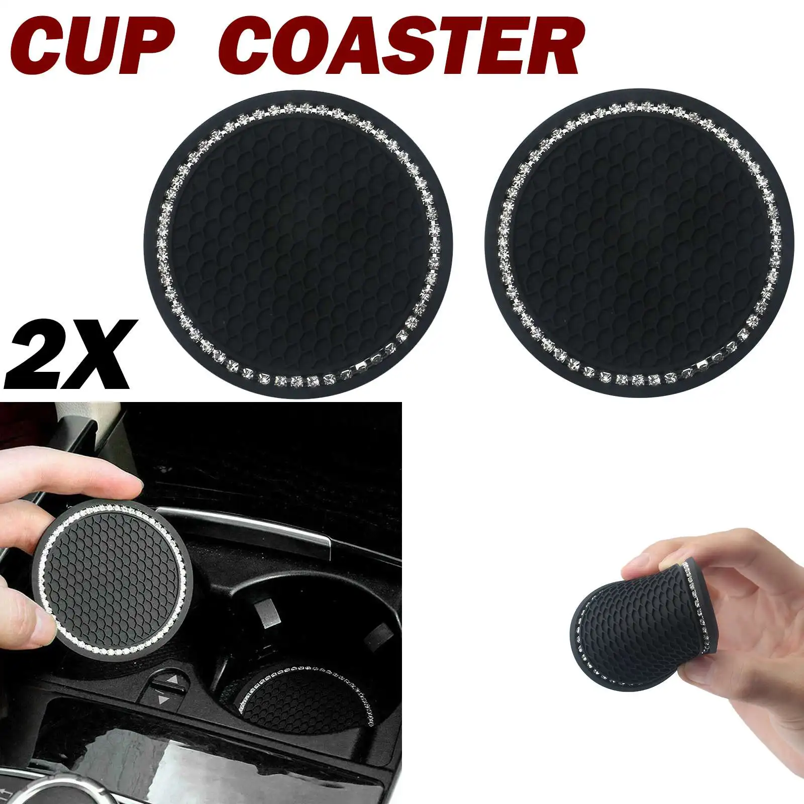 

Cup Holder 2X Accessories Bling Insert Coaster Car Anti Slip Rhinestone Coaster Black Diamond-inlaid Water Drink Cup Pad