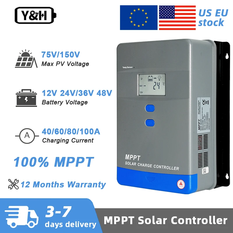 Y&H 40A 60A 80A 100A Prawdziwy regulator ładowania solarnego MPPT 12V 24V 36V 48V z wyświetlaczem LCD do akumulatorów kwasowo-ołowiowych/litowych