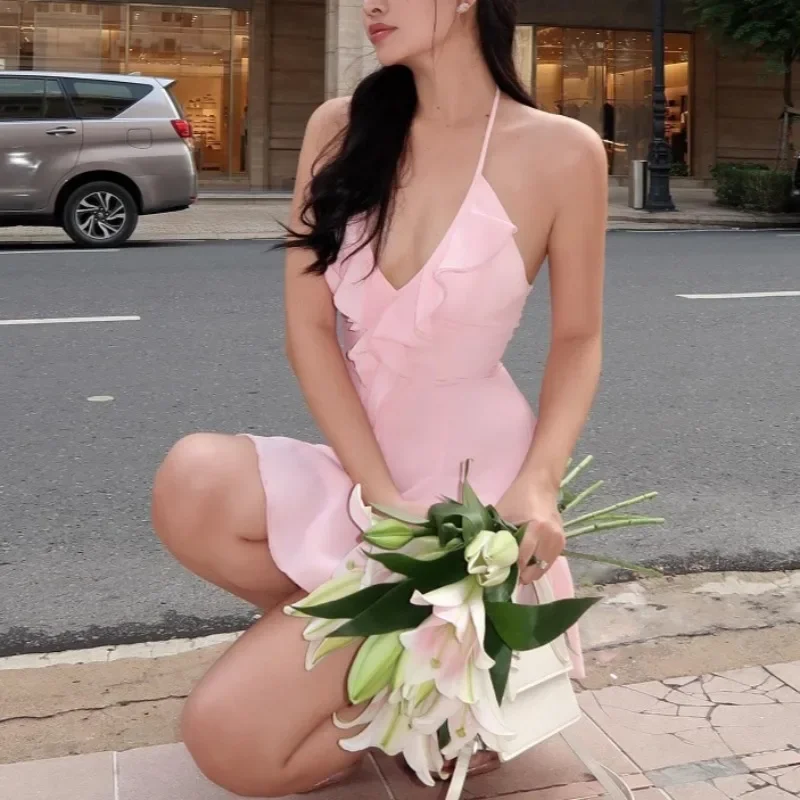 Sexy Halter Ruffles V-Neck Dress Women Backless Elegant Summer Chic Solid Birthday Party Clubwear Mini Bodycon
