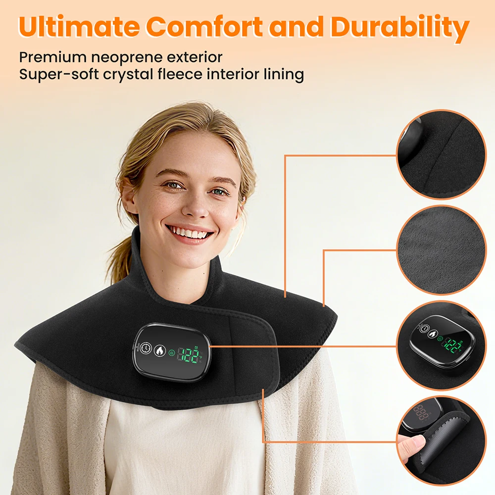Wireless Heating Pad And Neck Warmer With 5 Heat Levels 6 Timer Settings Fahrenheit Celsius Switch For Shoulder Relief