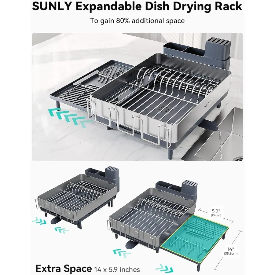 Large Dish Drying Rack Expandable Dish Racks for Kitchen Counter Space Saving 304 Stainless Steel Drying Rack Kitchen Extra Lar